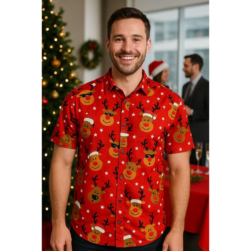 Denim & Flower Reindeer Christmas Shirt Men's XL Red Holiday Novelty Button Down